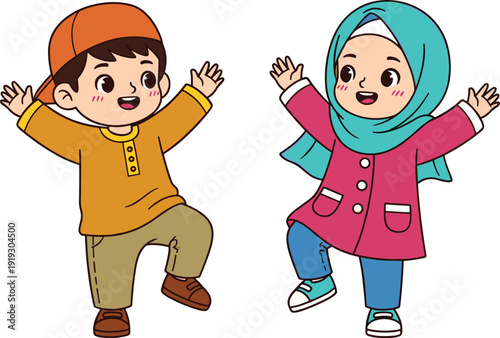Cute Muslim children dancing happily, cheerful cartoon boy and girl illustration, playful joyful kids characters, colorful festive design, happy childhood artwork