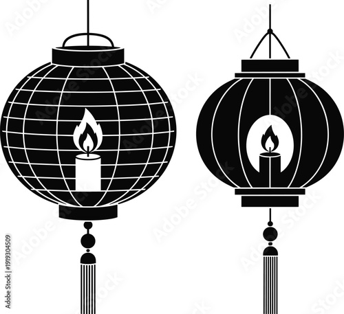 Decorative hanging lantern silhouettes, black and white festive illustration, traditional illuminated lamps design, elegant monochrome ornament, cultural celebration lighting element graphic