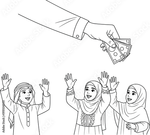 Eid charity illustration, hand giving money to happy Muslim children, black and white cartoon line art, Islamic generosity concept, festive celebration design