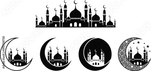 Islamic mosque silhouette collection with crescent moon variations, decorative Ramadan Kareem symbol set, elegant black vector illustrations isolated on clean white background