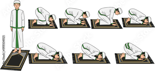 Muslim prayer positions illustration set, Islamic salah sequence, man performing namaz steps on prayer mat, religious worship guide, traditional spiritual practice vector collection