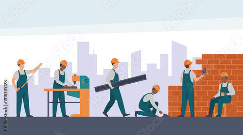 Construction workers performing various tasks on a building site