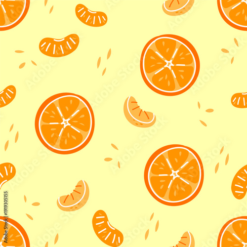 Funny citrus slices on bright green background. Cool vector pattern of oranges and mandarins. Vitamin C fruits kids print design