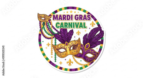 A colorful Mardi Gras carnival icon with masks and beads