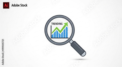 A magnifying glass with a trending graph inside, symbolizing growth and analysis
