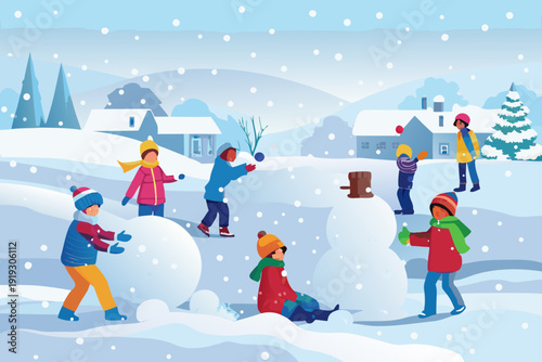 Children joyfully playing and building a snowman in a snowy winter scene