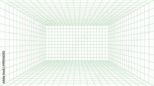 3d illustration of abstract digital wireframe tunnel or corridor receding into the distance, composed of green lines and dots creating a perspective grid effect on a white background