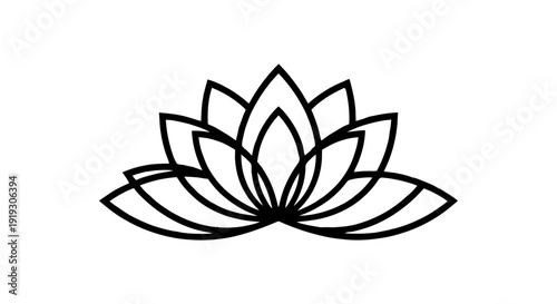 Elegant Black and White Lotus Flower Line Art Symbol.