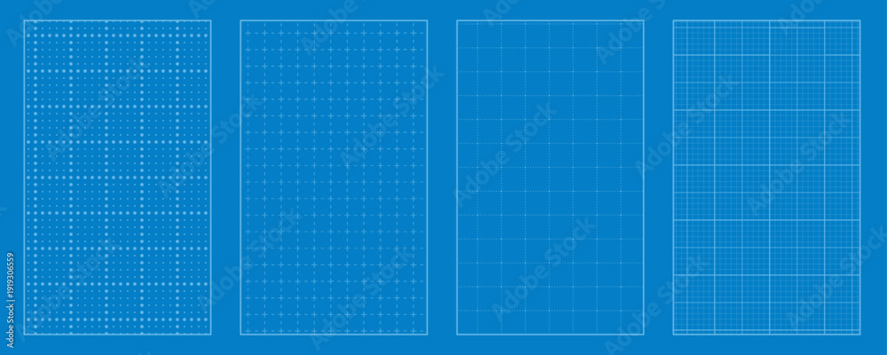 Fotografie Blue technical grid background pack with square blueprint notebook pages, editab