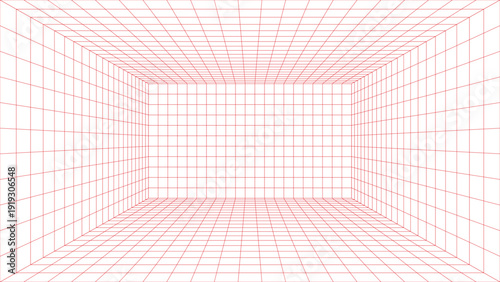 3d illustration of wireframe tunnel perspective view abstract digital grid tunneling motion background with red lines on white space
