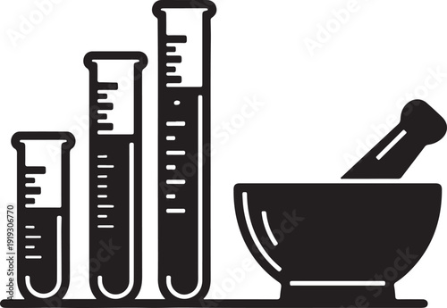 Black and white sketch of a mortar alongside several test tubes