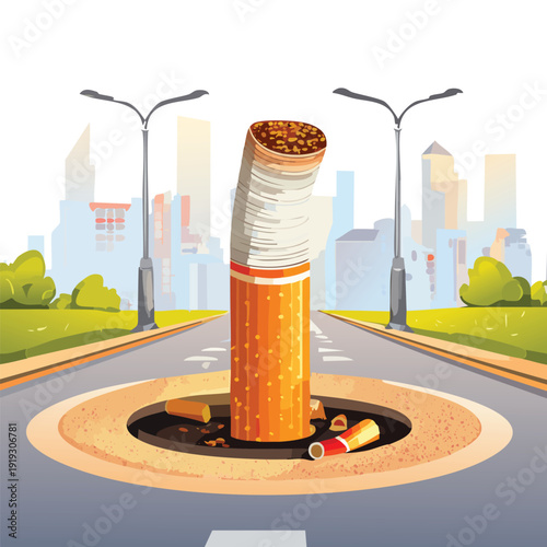 Cigarette butt in road symbolising pollution and health hazard