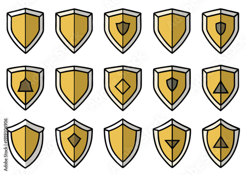A collection of twelve unique medieval heraldic shields with intricate designs isolated on white background, Vector