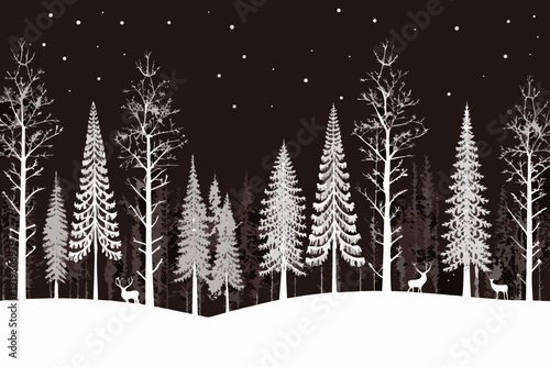 Winter forest scene with deer under a starry night sky