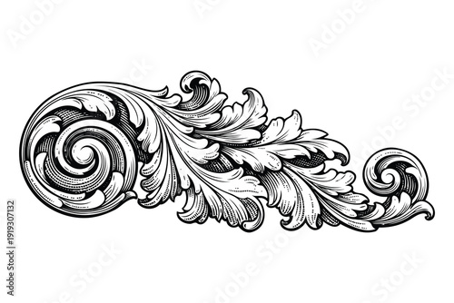 ornate swirl scroll accent with leaves - vintage decorative element illustration