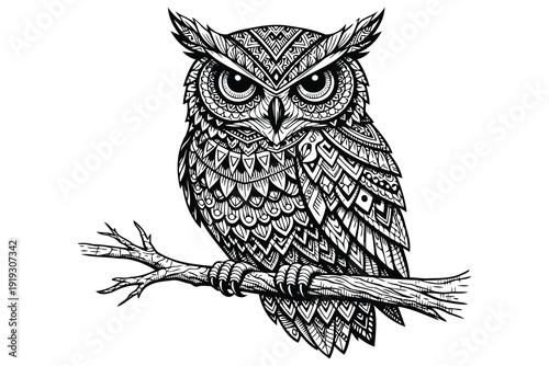 ornate owl sitting on a branch - detailed black and white illustration