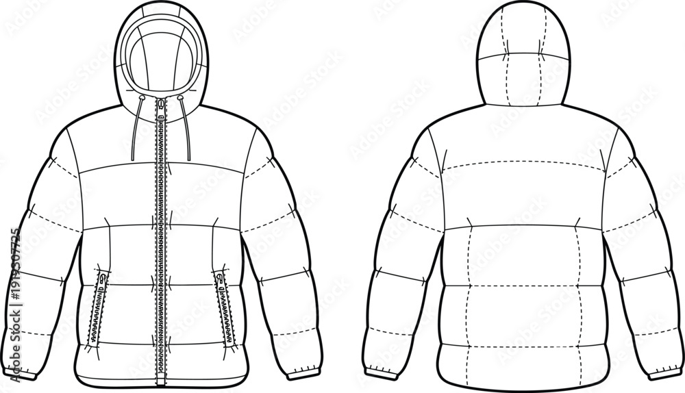 Φωτογραφία Technical fashion sketch of a hooded puffer jacket, quilted winter coat design,