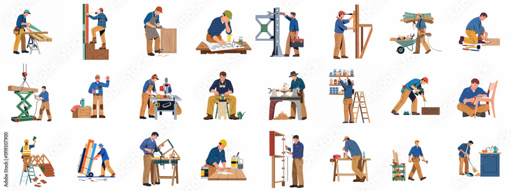 Εκτύπωση καμβά Skilled Carpenters and Woodworkers in Action: A Comprehensive Illustration Set of Craftsmanship and Construction Tasks