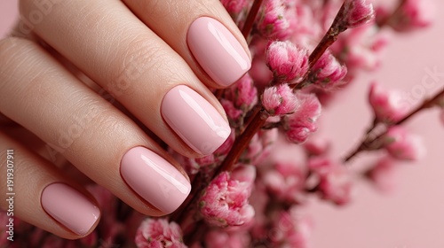 Woman's hand with pink manicured nails holding pink blossoms