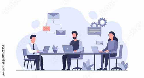 Three business people working together at a table in an office setting.