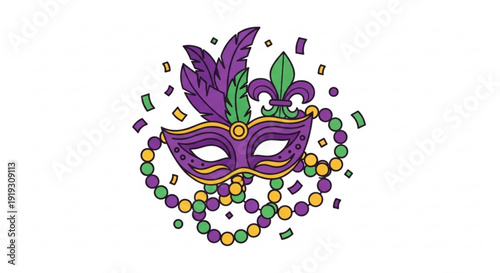 A colorful Mardi Gras mask with beads and feathers on a white background