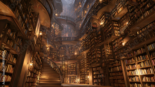 Ancient, crowded library shelves ascend into darkness, illuminated by numerous small lamps casting a warm, dramatic glow across the wooden aisles.
