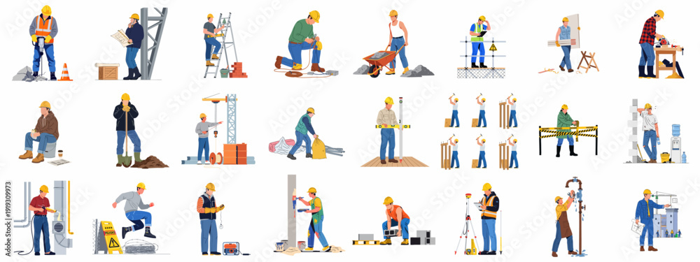 Εκτύπωση καμβά Comprehensive collection of flat vector illustrations showcasing diverse construction workers performing various building, renovation, and maintenance tasks with tools and equipment