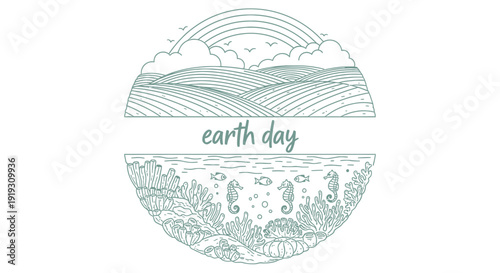 Earth Day eco friendly icon with landscape and ocean illustration, earth day