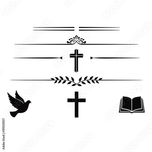 Black silhouette of religious symbols on including crosses and dove