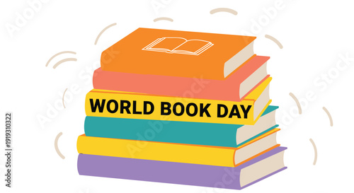 World Book Day colorful book stack icon, isolated on transparent background. Includes reading, literacy, education symbols. Created in flat style with bright vibrant palette.