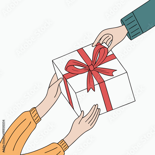 Hands exchanging gift wrapped in white paper with red ribbon