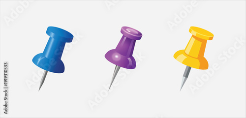 A set of colorful push pins in blue, purple, and yellow, created with editable vector file for office and organizational use