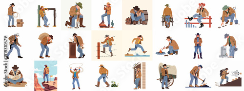 Diverse Scenes of Cowboy Life in the Wild West: A Collection of Western Adventures, Work, and Solitude Illustrations.