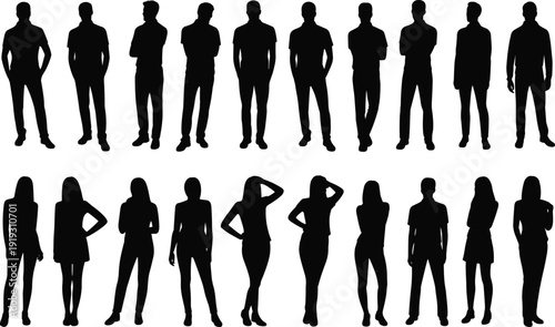 Black Silhouettes Of Standing Men And Women In Various Poses On A White Background people woman