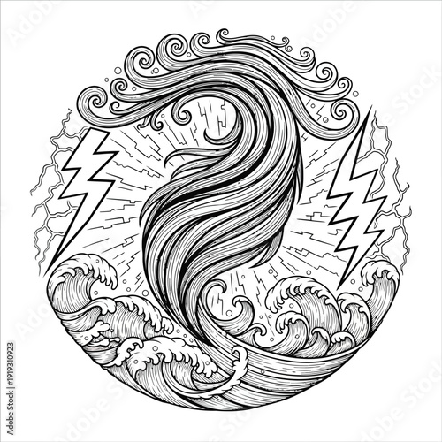 Dynamic storm and wave circular illustration Keywords: storm, wave, lightning, wind, swirl