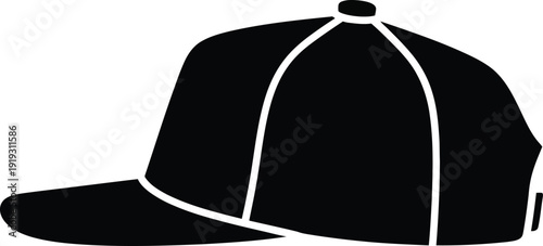 A simple black silhouette icon of a baseball cap shown in side profile on a white background