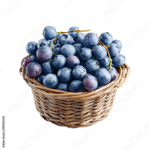 Fresh blueberries in a woven basket on a transparent background