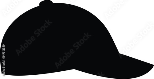 A simple black silhouette of a baseball cap, depicted in a minimalist style, isolated on a clean white background.