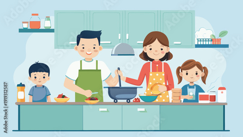Family cooking activity flat vector illustration, mother, father and kids preparing food in kitchen, modern interior background.