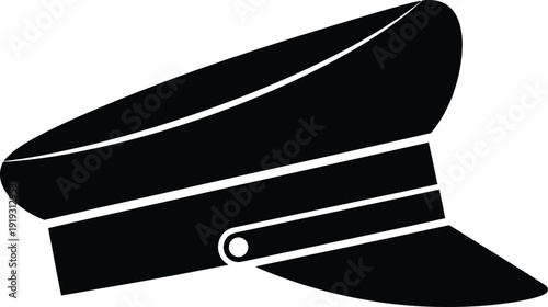 A black and white icon illustration of a peaked cap, typically worn by military or service personnel, against a white background.
