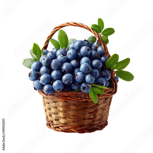 Fresh blueberries in a wicker basket on a transparent background
