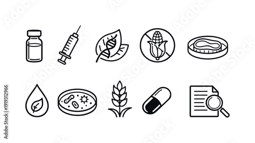 Pharmaceutical and agriculture line icon set. Medicine, farming, and research icons.