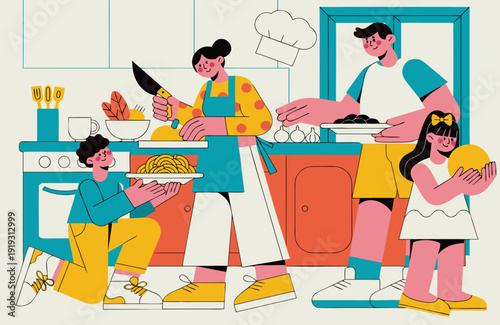 Family cooking activity flat vector illustration, mother, father and kids preparing food in kitchen, modern interior background.