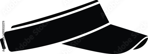 A simple black silhouette icon of a visor for sun protection and sportswear