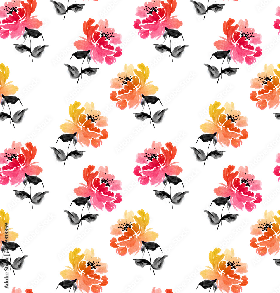 Fototapeta premium Seamless flowers pattern. Watercolor pattern design.