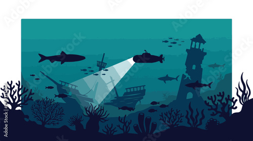 Underwater landscape with submarine, sharks, shipwrecks, and marine life