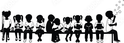 Silhouette children sitting on bench, playful activities, reading, toys, bubbles, learning, education, childhood development, recreation, diversity, flavector