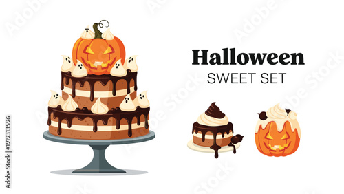 Two-tiered chocolate cake decorated with small ghosts and a pumpkin topper alongside smaller Halloween sweets like a cupcake and a mini pumpkin.