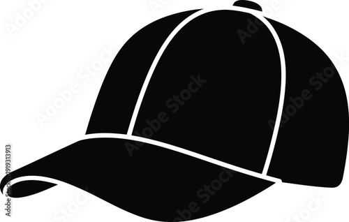 A minimalist black and white icon depicting a classic baseball cap, perfect for graphic design elements