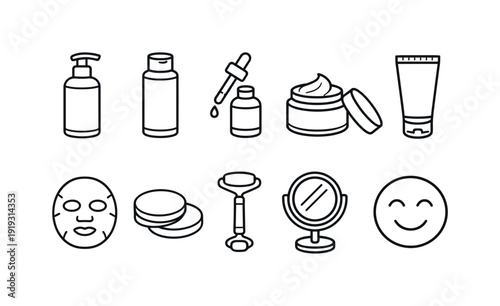 Skincare and beauty line icon set. Facial, cosmetic products outline icons collection
